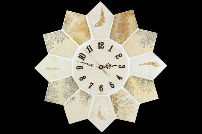 Limestone Clock With Fossil Fish & Dendrites - Solnhofen Limestone #103625
